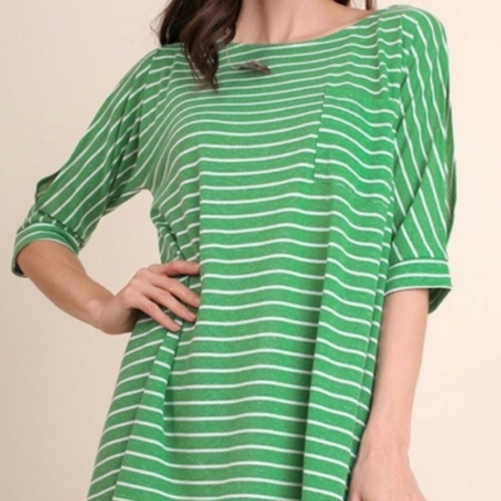 Umgee Oversized Kelly Green Striped Cotton Blend Dress w/ POCKETS, Size small - Picture 9 of 9